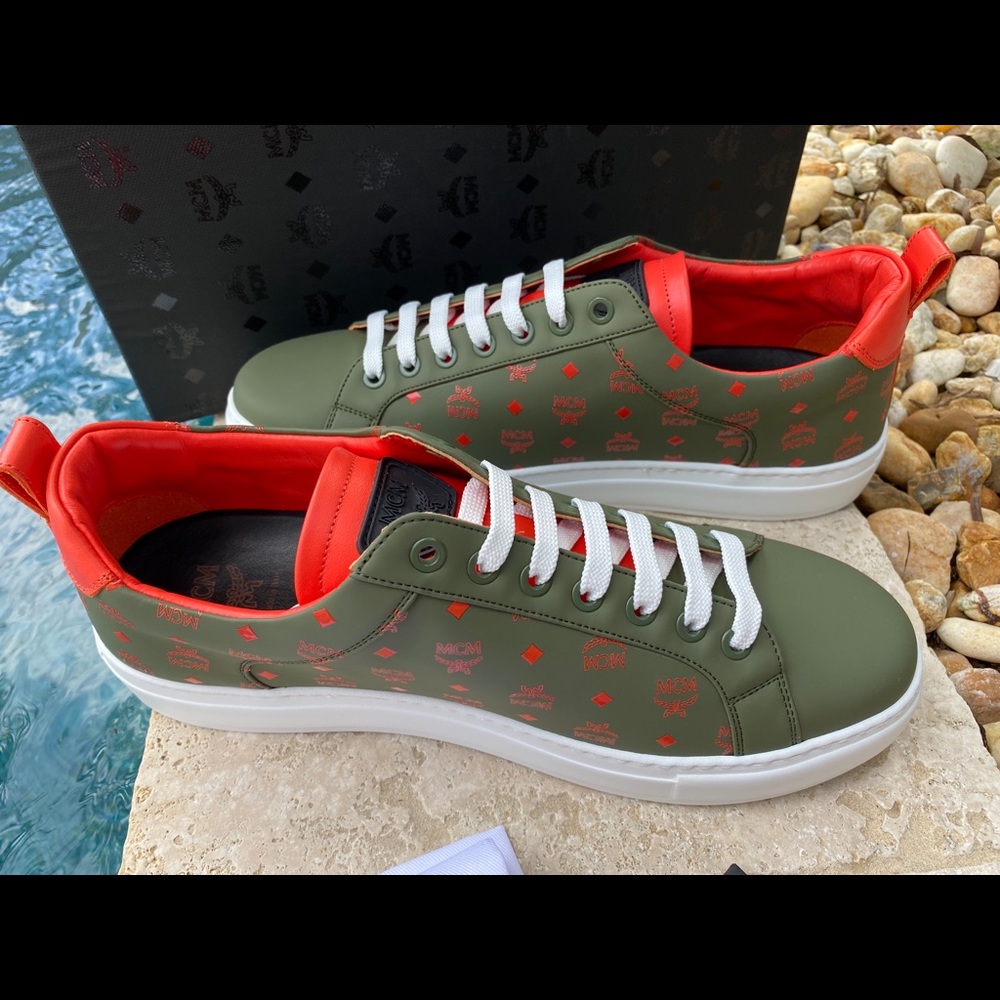 MCM Moss Green Visetos Leather Men's Sneakers - Picture 6 of 9